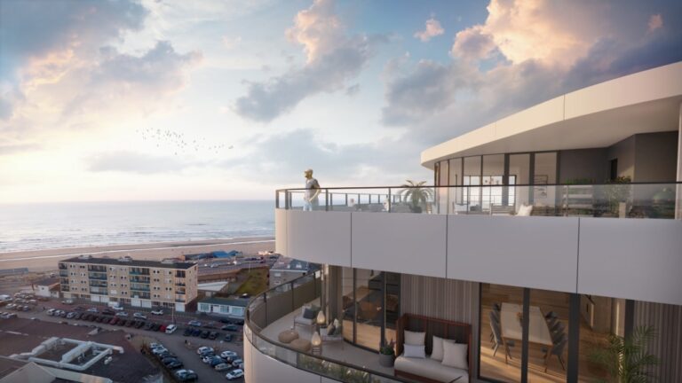 Nieuwbouwproject bovenaf met uitzicht op zee